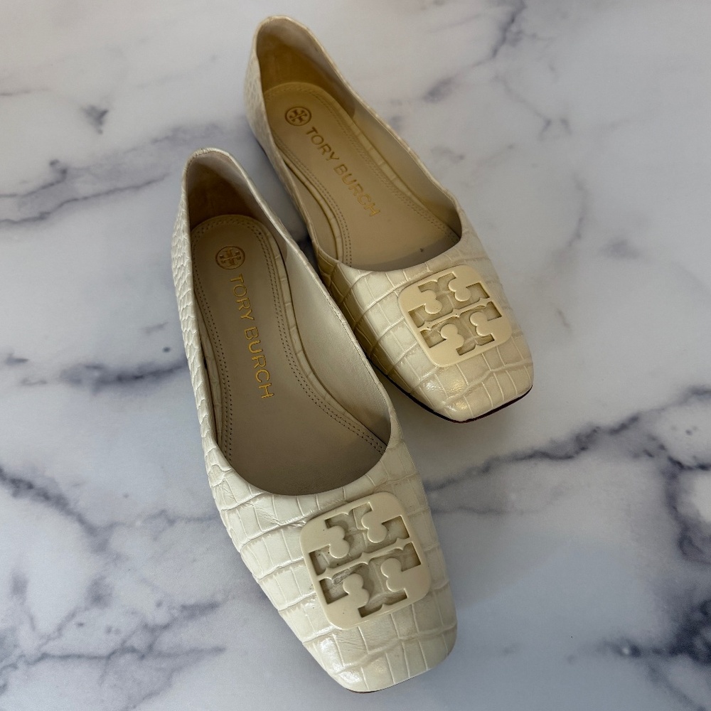 Tory Burch Georgia Square-Toe Croc-Embossed Cream Colored Ballet Flats | W-8.5